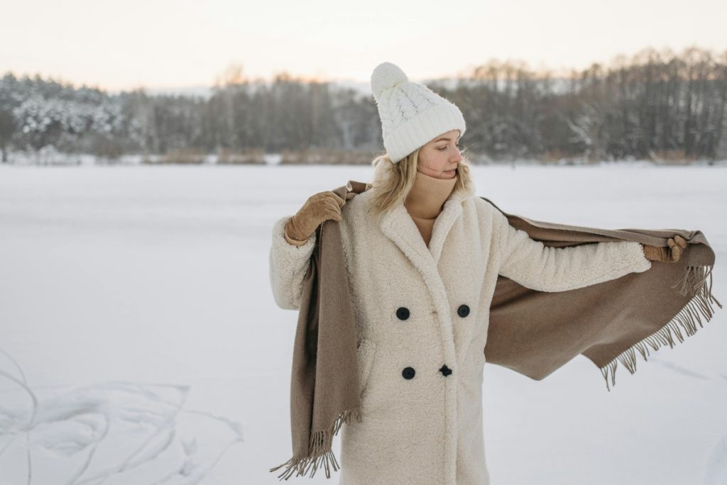  Gloves, a beanie, and a blanket scarf 