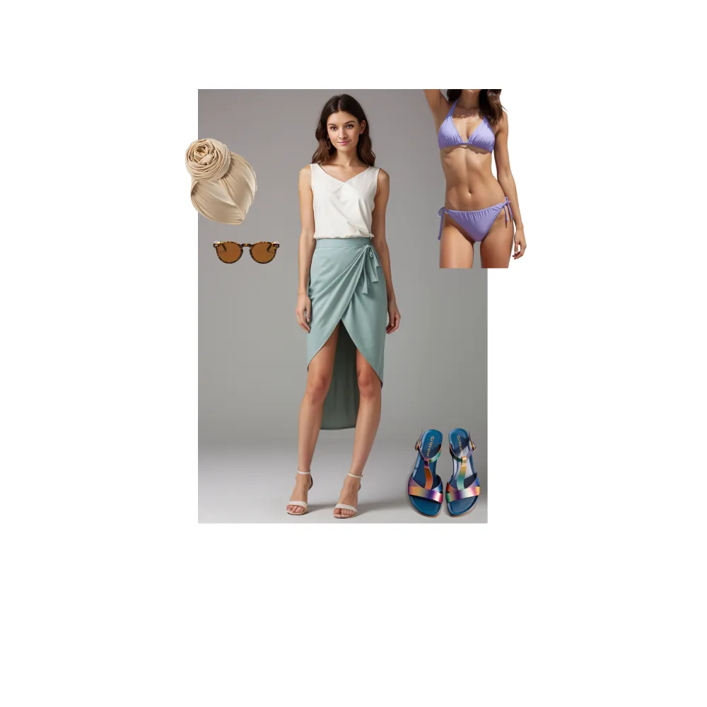 2 piece lilac swimsuit with skirt and blouse ensemble.