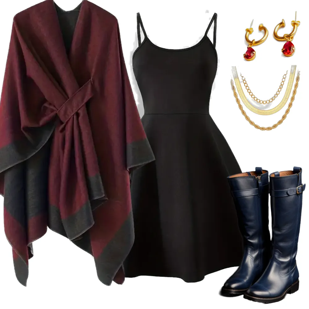 A little black dress with a deep burgundy shawl and navy-blue knee-high boots.