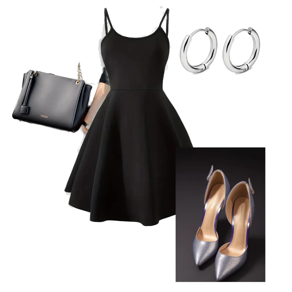 A gorgeous summer black dress with silver high heels as womens party clothing.