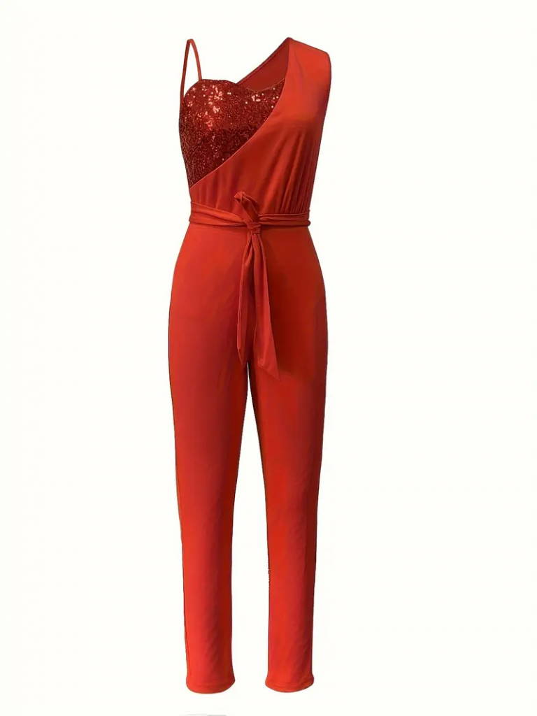 An elegant red jumpsuit suitable as womens party clothing.