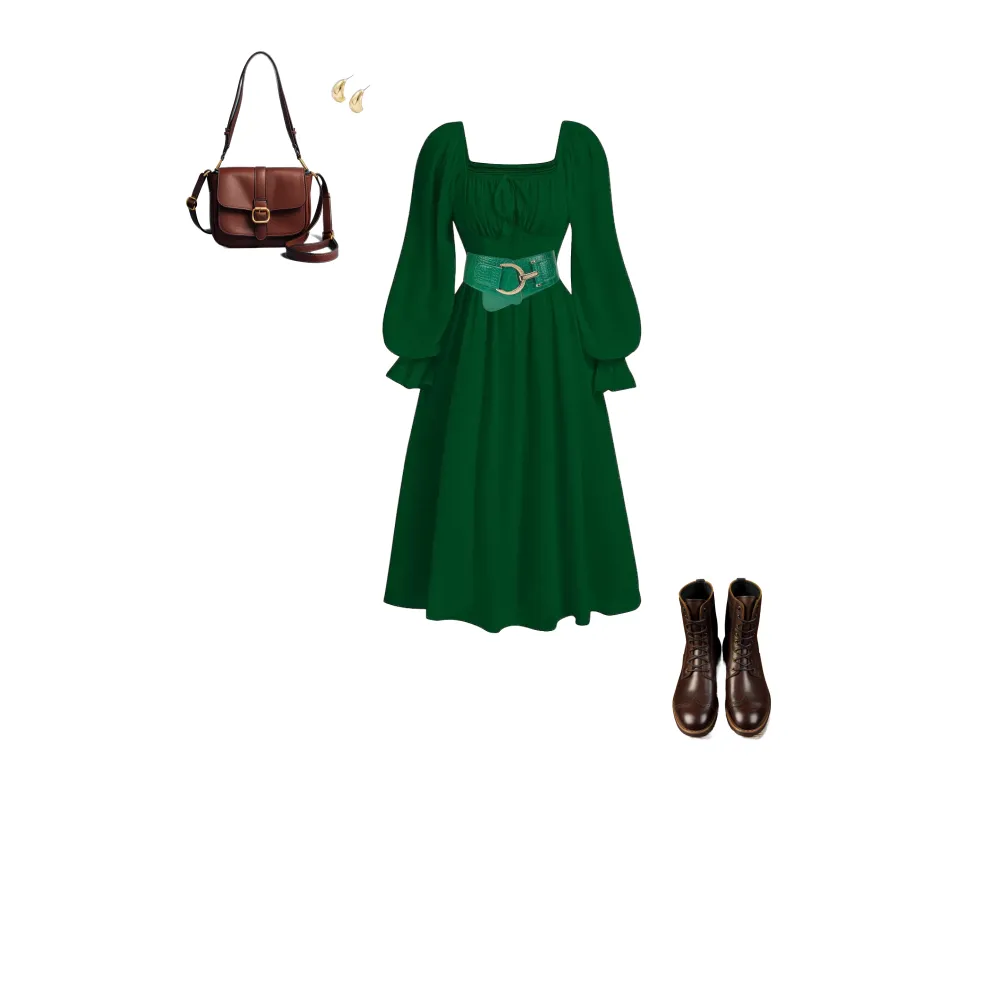 Green long-sleeve midi-dress and ankle boots as one of the best cocktail outfits in winter