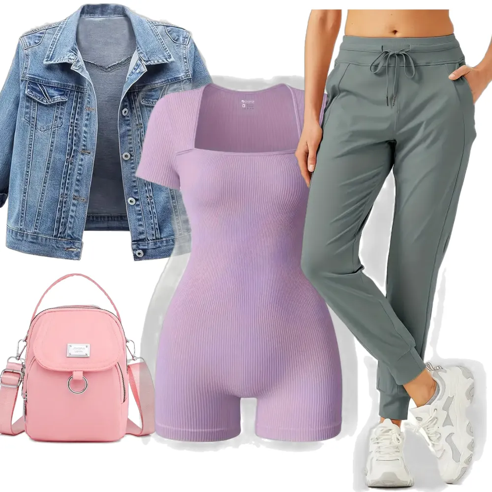 A lilac ribbed romper with denim jacket and joggers, complete with chunky sneakers and pastel pink backpack.