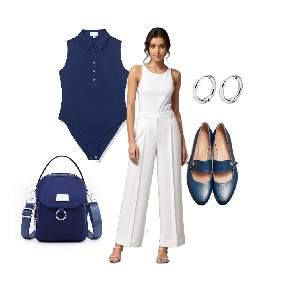 Nautical styled navy polo bodysuit paired with wide-leg white trousers suitable for womens party clothing.