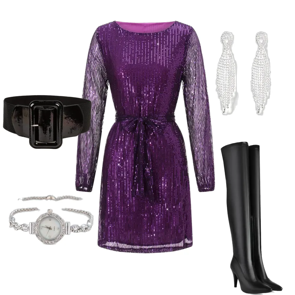 Purple sequin dress as one of the best cocktail outfits in winter.