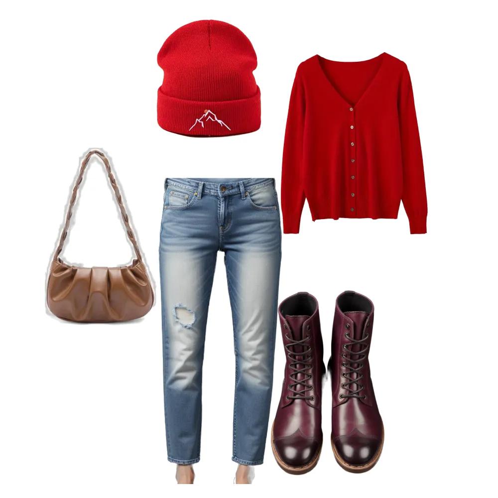 A festive winter knit sweater paired with dark wash jeans, and maroon riding boots for party outfits for women.