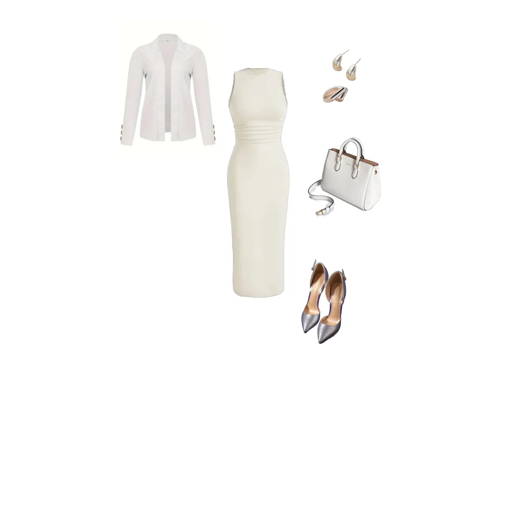 white ruched dress with white blazers and metallic heels.