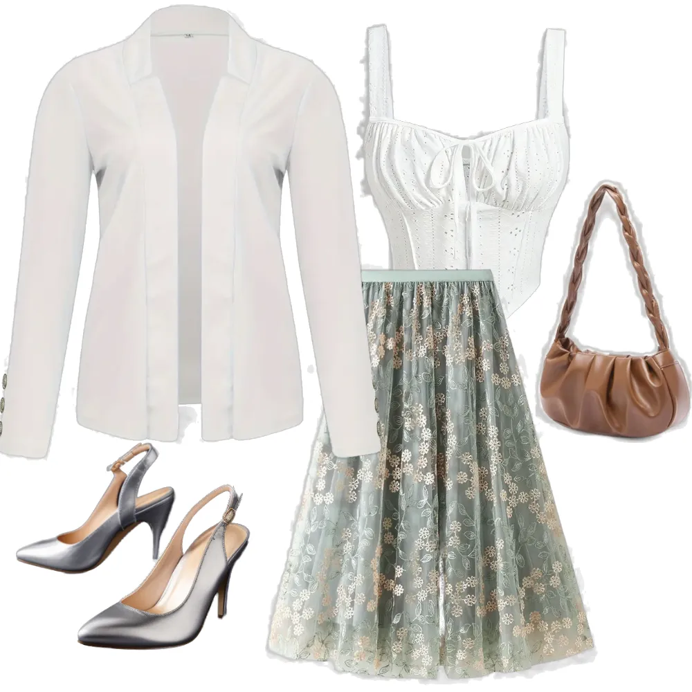 A white top on sage green tulle skirt with brown handbag and silver high heels.