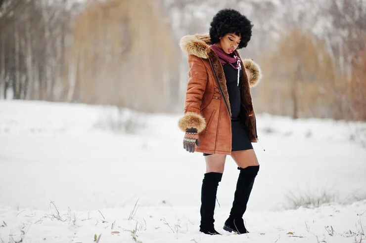 woam wearing little black dress and an oversized coat as cocktail outfits in winter