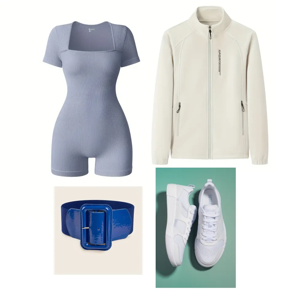 Ribbed bodysuit and jacket, suitable as womens athleisure everyday wear.