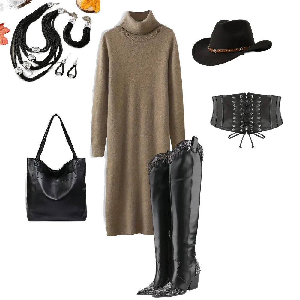 sweater dress and cow boy boots as western wear for women